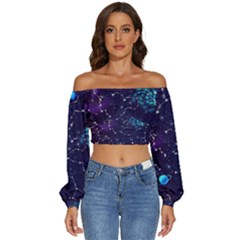 Realistic-night-sky-poster-with-constellations Long Sleeve Crinkled Weave Crop Top