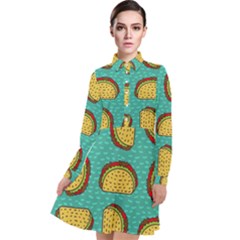 Taco-drawing-background-mexican-fast-food-pattern Long Sleeve Chiffon Shirt Dress by Pakemis