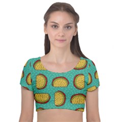 Taco-drawing-background-mexican-fast-food-pattern Velvet Short Sleeve Crop Top  by Pakemis