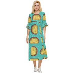 Taco-drawing-background-mexican-fast-food-pattern Double Cuff Midi Dress by Pakemis