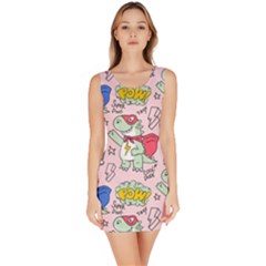 Seamless-pattern-with-many-funny-cute-superhero-dinosaurs-t-rex-mask-cloak-with-comics-style-inscrip Bodycon Dress by Pakemis