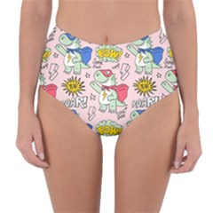 Seamless-pattern-with-many-funny-cute-superhero-dinosaurs-t-rex-mask-cloak-with-comics-style-inscrip Reversible High-waist Bikini Bottoms by Pakemis