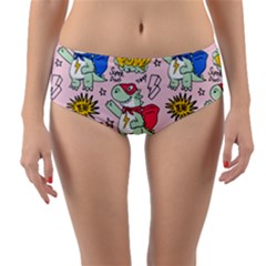 Seamless-pattern-with-many-funny-cute-superhero-dinosaurs-t-rex-mask-cloak-with-comics-style-inscrip Reversible Mid-waist Bikini Bottoms by Pakemis