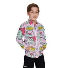 Seamless-pattern-with-many-funny-cute-superhero-dinosaurs-t-rex-mask-cloak-with-comics-style-inscrip Kids  Windbreaker by Pakemis