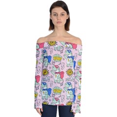 Seamless-pattern-with-many-funny-cute-superhero-dinosaurs-t-rex-mask-cloak-with-comics-style-inscrip Off Shoulder Long Sleeve Top by Pakemis