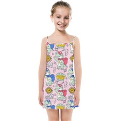 Seamless-pattern-with-many-funny-cute-superhero-dinosaurs-t-rex-mask-cloak-with-comics-style-inscrip Kids  Summer Sun Dress by Pakemis