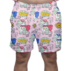 Seamless-pattern-with-many-funny-cute-superhero-dinosaurs-t-rex-mask-cloak-with-comics-style-inscrip Men s Shorts