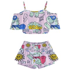 Seamless-pattern-with-many-funny-cute-superhero-dinosaurs-t-rex-mask-cloak-with-comics-style-inscrip Kids  Off Shoulder Skirt Bikini by Pakemis