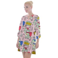 Seamless-pattern-with-many-funny-cute-superhero-dinosaurs-t-rex-mask-cloak-with-comics-style-inscrip Open Neck Shift Dress by Pakemis