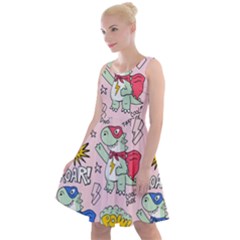 Seamless-pattern-with-many-funny-cute-superhero-dinosaurs-t-rex-mask-cloak-with-comics-style-inscrip Knee Length Skater Dress by Pakemis