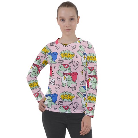 Seamless-pattern-with-many-funny-cute-superhero-dinosaurs-t-rex-mask-cloak-with-comics-style-inscrip Women s Long Sleeve Raglan Tee by Pakemis