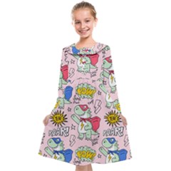 Seamless-pattern-with-many-funny-cute-superhero-dinosaurs-t-rex-mask-cloak-with-comics-style-inscrip Kids  Midi Sailor Dress by Pakemis