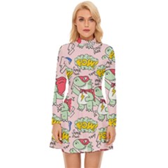 Seamless-pattern-with-many-funny-cute-superhero-dinosaurs-t-rex-mask-cloak-with-comics-style-inscrip Long Sleeve Velour Longline Dress by Pakemis