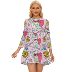 Seamless-pattern-with-many-funny-cute-superhero-dinosaurs-t-rex-mask-cloak-with-comics-style-inscrip Long Sleeve Babydoll Dress by Pakemis