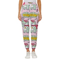 Seamless-pattern-with-many-funny-cute-superhero-dinosaurs-t-rex-mask-cloak-with-comics-style-inscrip Cropped Drawstring Pants by Pakemis