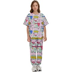 Seamless-pattern-with-many-funny-cute-superhero-dinosaurs-t-rex-mask-cloak-with-comics-style-inscrip Kids  Tee And Pants Sports Set