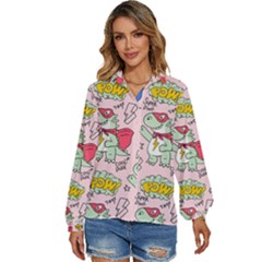 Seamless-pattern-with-many-funny-cute-superhero-dinosaurs-t-rex-mask-cloak-with-comics-style-inscrip Women s Long Sleeve Button Down Shirt