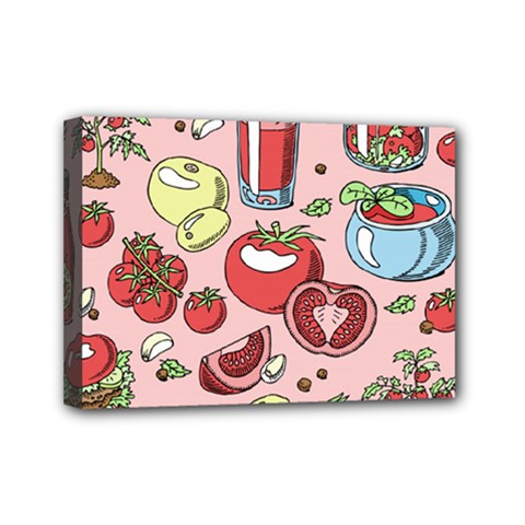 Tomato-seamless-pattern-juicy-tomatoes-food-sauce-ketchup-soup-paste-with-fresh-red-vegetables-backd Mini Canvas 7  X 5  (stretched)