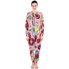 Tomato-seamless-pattern-juicy-tomatoes-food-sauce-ketchup-soup-paste-with-fresh-red-vegetables-backd Onepiece Jumpsuit (ladies) by Pakemis