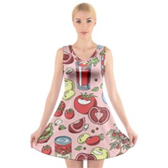 Tomato-seamless-pattern-juicy-tomatoes-food-sauce-ketchup-soup-paste-with-fresh-red-vegetables-backd V-neck Sleeveless Dress by Pakemis