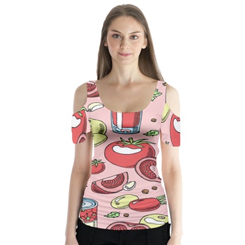 Tomato-seamless-pattern-juicy-tomatoes-food-sauce-ketchup-soup-paste-with-fresh-red-vegetables-backd Butterfly Sleeve Cutout Tee  by Pakemis