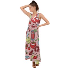 Tomato-seamless-pattern-juicy-tomatoes-food-sauce-ketchup-soup-paste-with-fresh-red-vegetables-backd V-neck Chiffon Maxi Dress by Pakemis