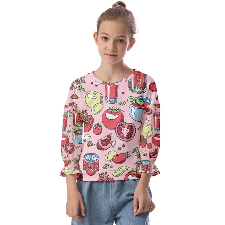 Tomato-seamless-pattern-juicy-tomatoes-food-sauce-ketchup-soup-paste-with-fresh-red-vegetables-backd Kids  Cuff Sleeve Top