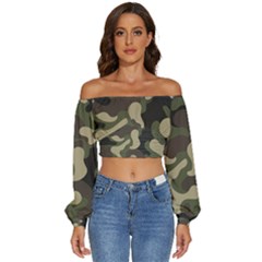 Camouflage Pattern Background Long Sleeve Crinkled Weave Crop Top