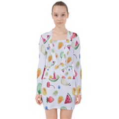 Fruit Summer Vitamin Watercolor V-neck Bodycon Long Sleeve Dress by artworkshop