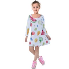 Fruit Summer Vitamin Watercolor Kids  Long Sleeve Velvet Dress by artworkshop