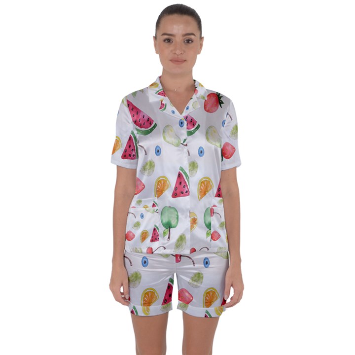 Fruit Summer Vitamin Watercolor Satin Short Sleeve Pajamas Set