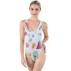 Fruit Summer Vitamin Watercolor High Leg Strappy Swimsuit by artworkshop