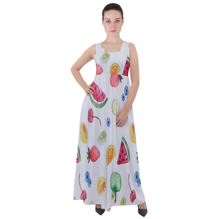 Fruit Summer Vitamin Watercolor Empire Waist Velour Maxi Dress