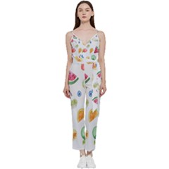 Fruit Summer Vitamin Watercolor V-neck Spaghetti Strap Tie Front Jumpsuit