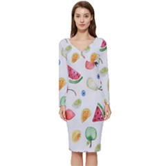 Fruit Summer Vitamin Watercolor Long Sleeve V-neck Bodycon Dress  by artworkshop