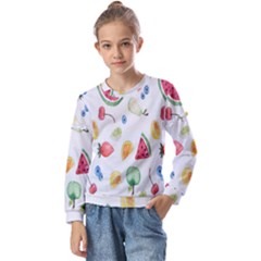 Fruit Summer Vitamin Watercolor Kids  Long Sleeve Tee With Frill 