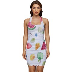 Fruit Summer Vitamin Watercolor Sleeveless Wide Square Neckline Ruched Bodycon Dress