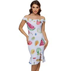 Fruit Summer Vitamin Watercolor Off Shoulder Ruffle Split Hem Bodycon Dress