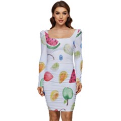 Fruit Summer Vitamin Watercolor Women Long Sleeve Ruched Stretch Jersey Dress by artworkshop