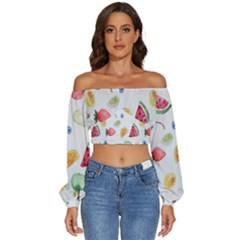 Fruit Summer Vitamin Watercolor Long Sleeve Crinkled Weave Crop Top