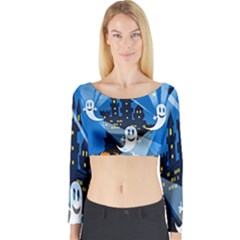 Halloween Ghosts Haunted House Long Sleeve Crop Top by artworkshop