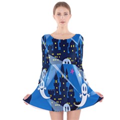 Halloween Ghosts Haunted House Long Sleeve Velvet Skater Dress by artworkshop