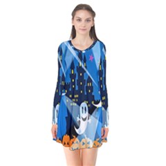 Halloween Ghosts Haunted House Long Sleeve V-neck Flare Dress by artworkshop