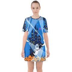 Halloween Ghosts Haunted House Sixties Short Sleeve Mini Dress by artworkshop