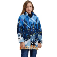 Halloween Ghosts Haunted House Kid s Hooded Longline Puffer Jacket by artworkshop