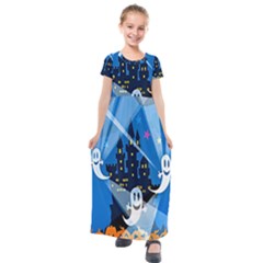 Halloween Ghosts Haunted House Kids  Short Sleeve Maxi Dress by artworkshop