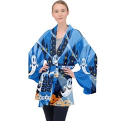 Halloween Ghosts Haunted House Long Sleeve Velvet Kimono  by artworkshop