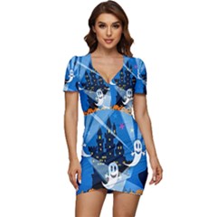 Halloween Ghosts Haunted House Low Cut Cap Sleeve Mini Dress