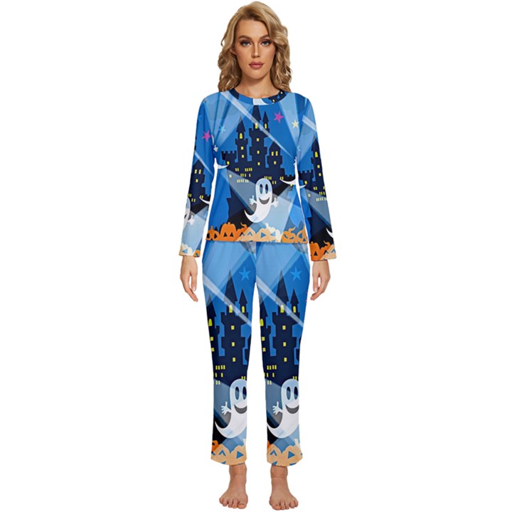 Halloween Ghosts Haunted House Womens  Long Sleeve Lightweight Pajamas Set