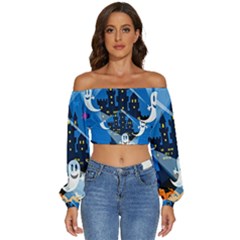 Halloween Ghosts Haunted House Long Sleeve Crinkled Weave Crop Top